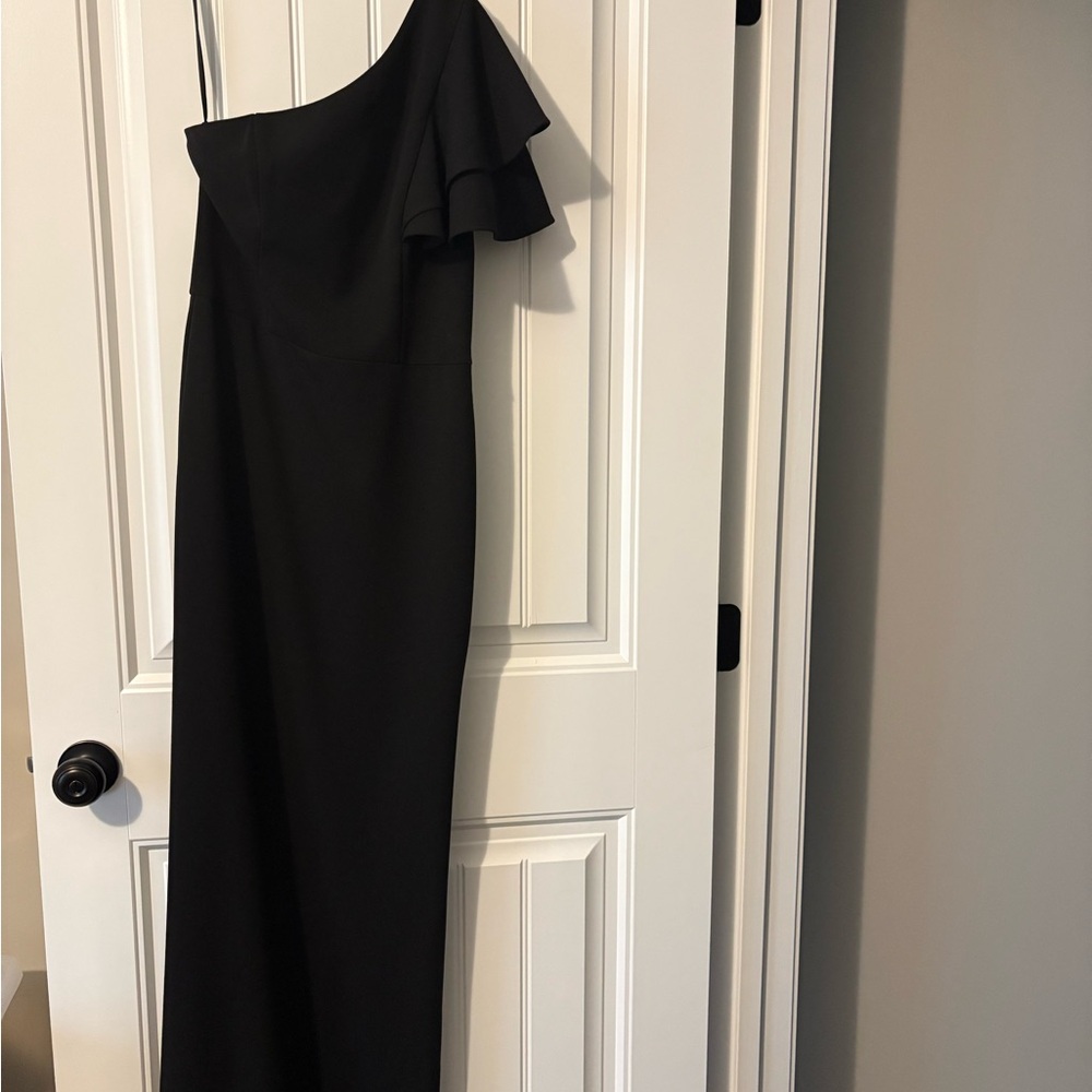 Betsy & Adam Black One-Shoulder Flutter Sleeve Dress